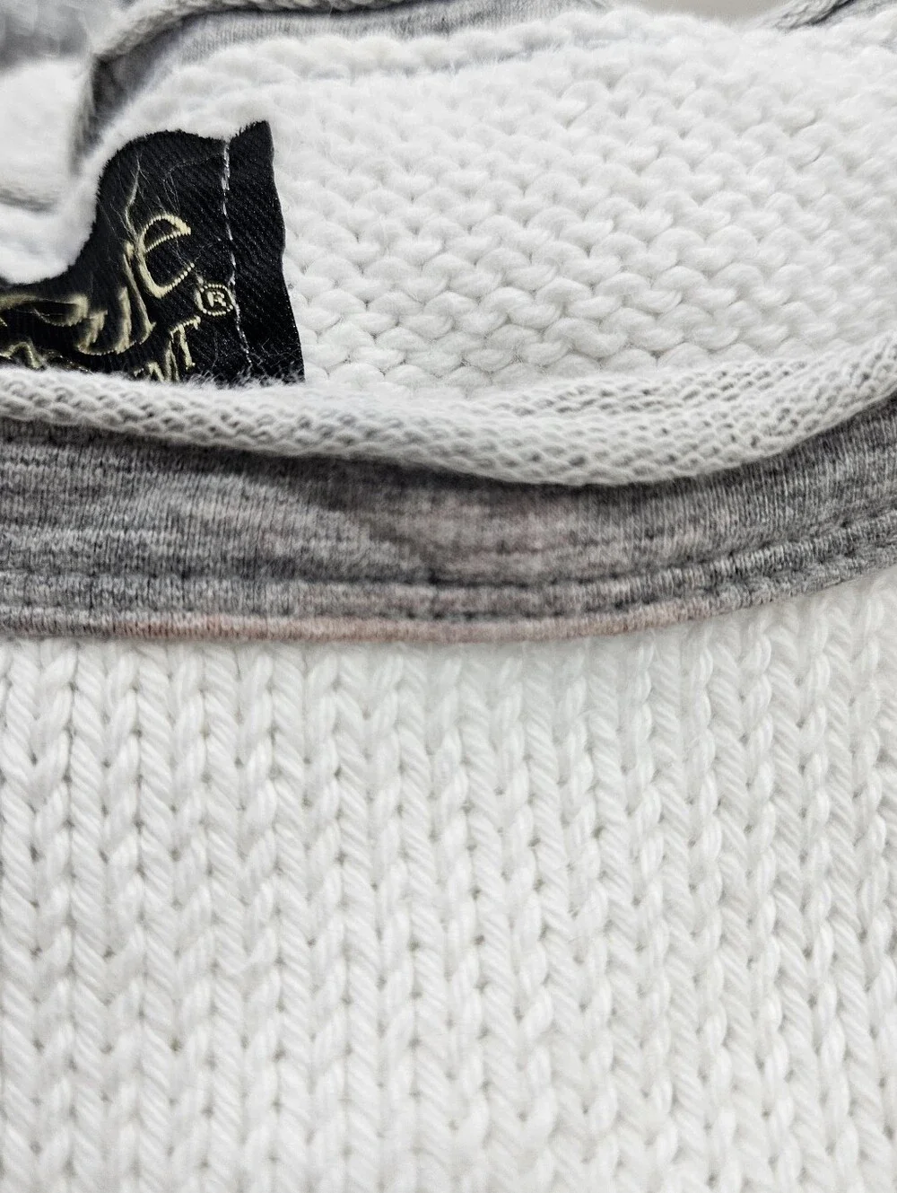 VTG Pure Handknit White Cotton Pullover Sweater Sz S Gray Pockets Rolled Hem
